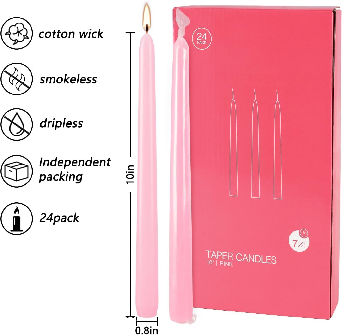 24 Pack Pink Taper Candles, 7-8 Hours Burn Time, Unscented, Smokeless and Dripless, 0.75 x 10 Inch Dinner Candle Set for Household, Wedding, Party and Home Décor Candlesticks