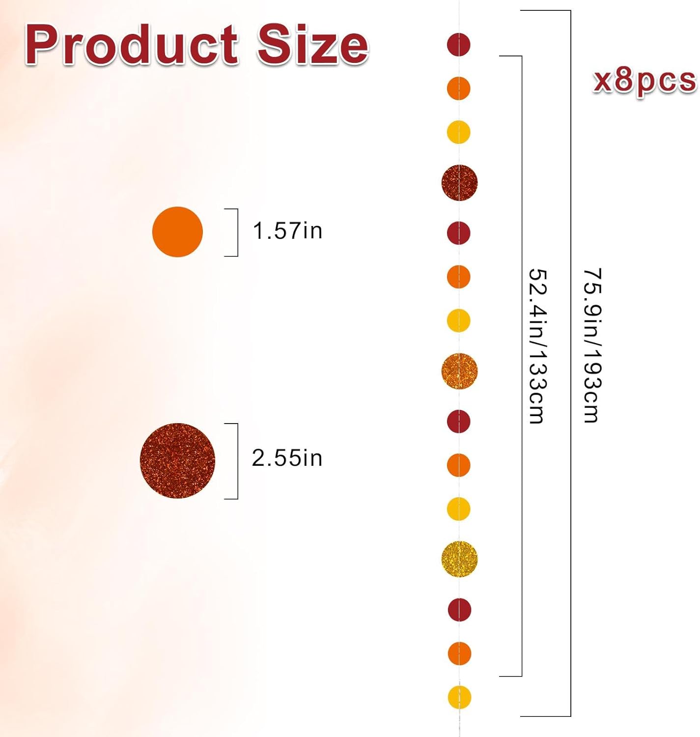 8 Pack Orange Red Glitter Dot Garland, Hanging Circle Streamers Banner, Backdrop Hanging Decorations for Fall Parties, Thanksgiving, Autumn Weddings, Baby Showers and Festive Holiday Decorations