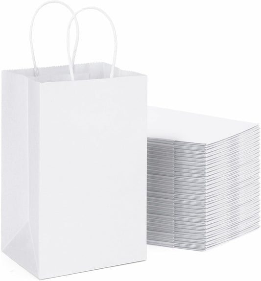 METRONIC Kraft Paper Gift Bags with Handles 5.25x3.75x8 Inch 600 Pcs | Christmas, Birthday Party Favors, Retail Shopping, Small Business Bulk | White Gift Wrap Bag