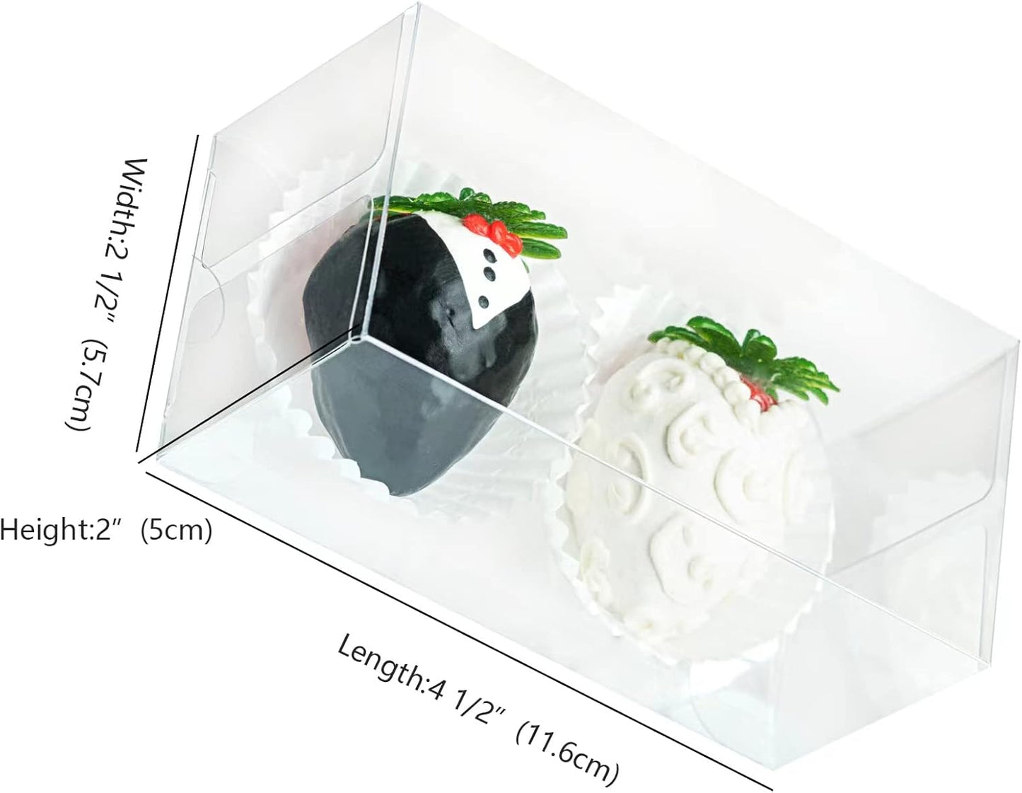 RomanticBaking 100 Pack 4 1/2" x 2 1/4" x 2" Small Chocolate Covered Strawberries Boxes for Mini Cupcakes, Hot Cocoa Bombs, Clear Plastic Party Favors for Christmas