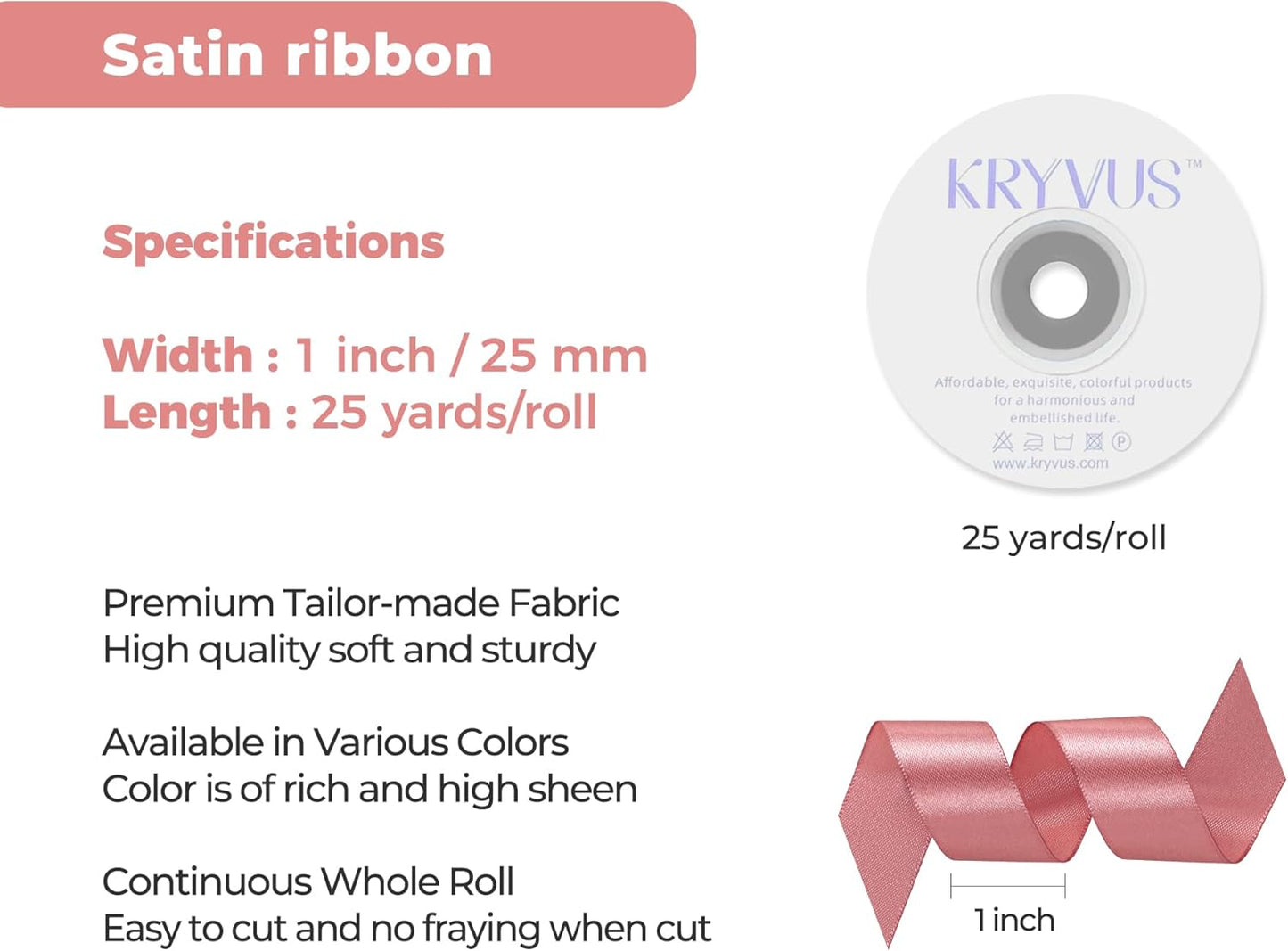 Rose Gold Satin Ribbon 1 inch X Continuous 25 Yards, Single Face Polyester Ribbon Perfect for Gift Wrapping, Flower Bouquet, Wedding Decor, Crafts, Bow Making, Sewing and More