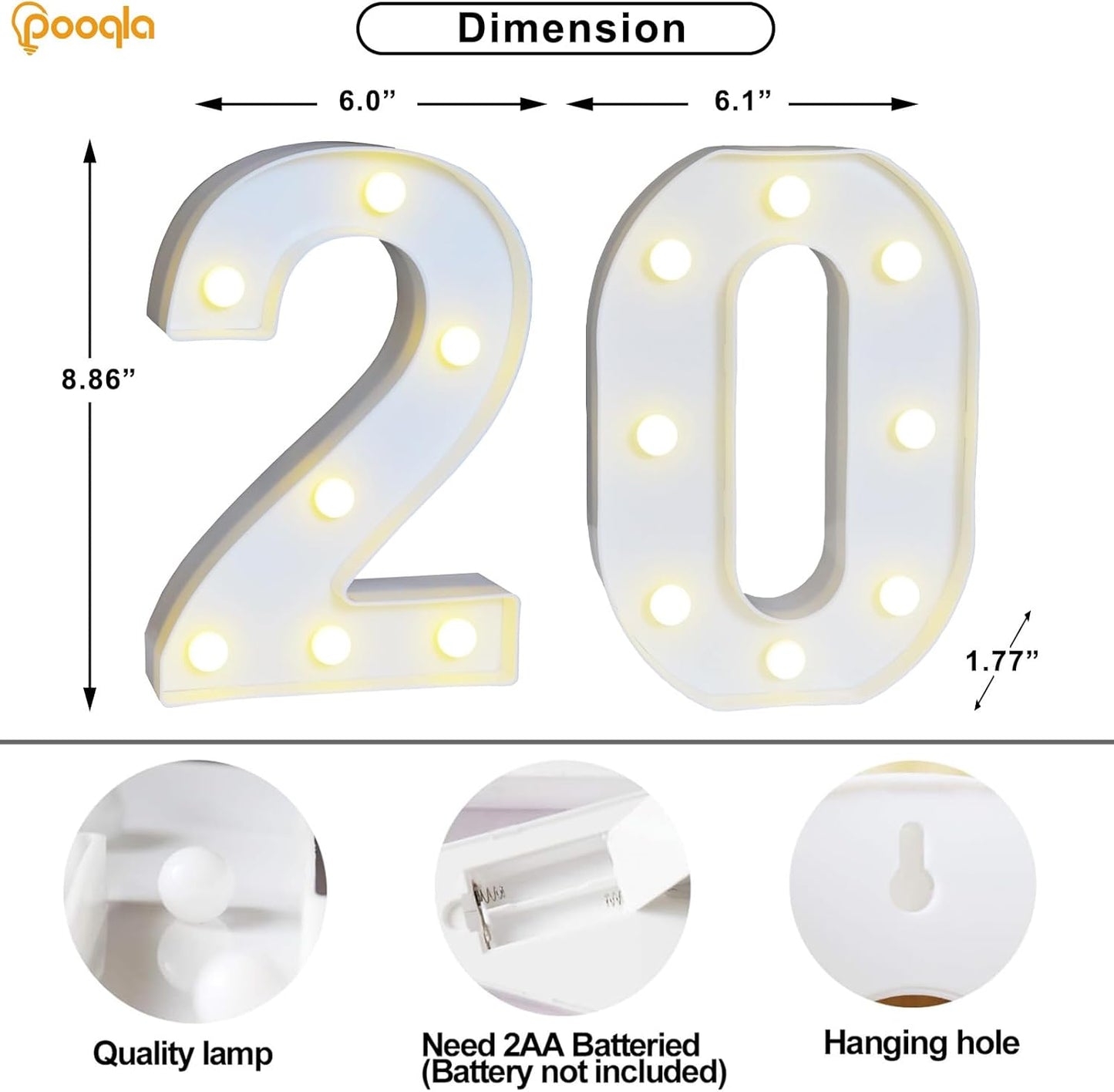 Pooqla 20th Birthday Decoration for Her Him, Decorative LED Light Up Numbers, Marquee Numbers 20 Sign for Party Backdrop 20th Wedding Anniversary Decor, Warm White and Cool White Number 20