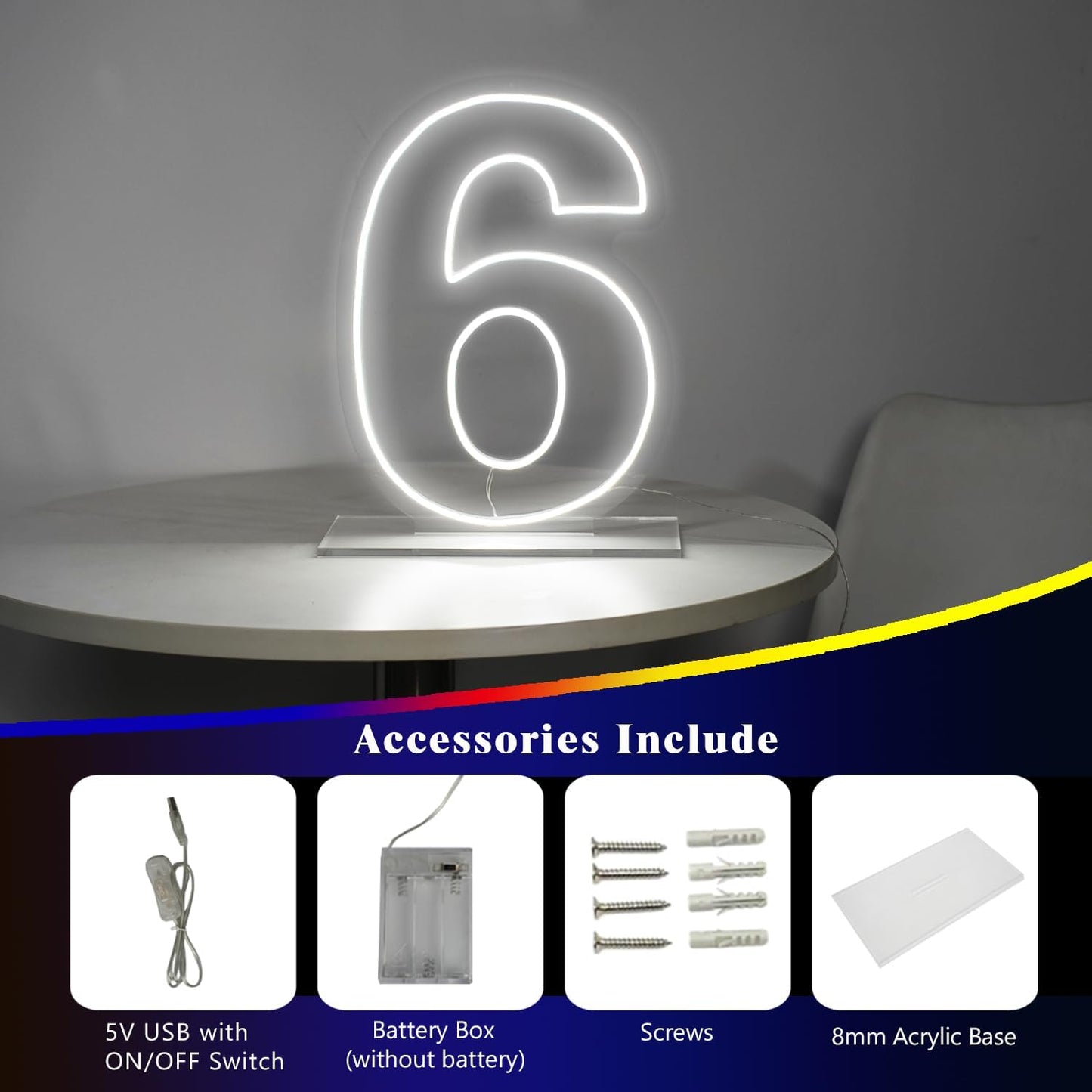 Number 6 Neon Sign for Birthday, 16.54" Cool White USB Battery Powered Led Neon Sign for Party Wedding Anniversary Decor Light Sign (Number 6)