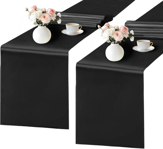 SHEJIZE 2 Pack Black Satin Table Runner 12x108 Inches Long, Bright Silky Smooth Satin Table Runner Table Decor for Wedding Banquet Christmas Prom Event Birthday Party