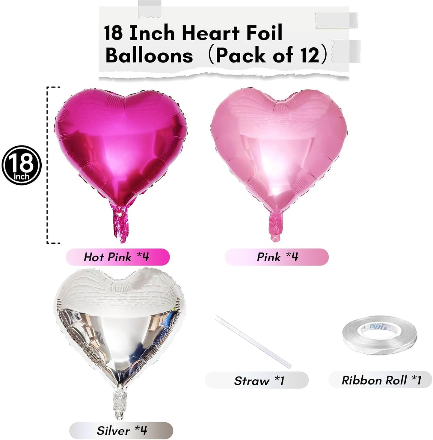 TAOYE 12 Pcs 18 Inch Heart Balloons, Hot Pink Silver and Pink Heart Shape Mylar Balloons for Birthday Wedding Valentines Anniversary Baby Shower