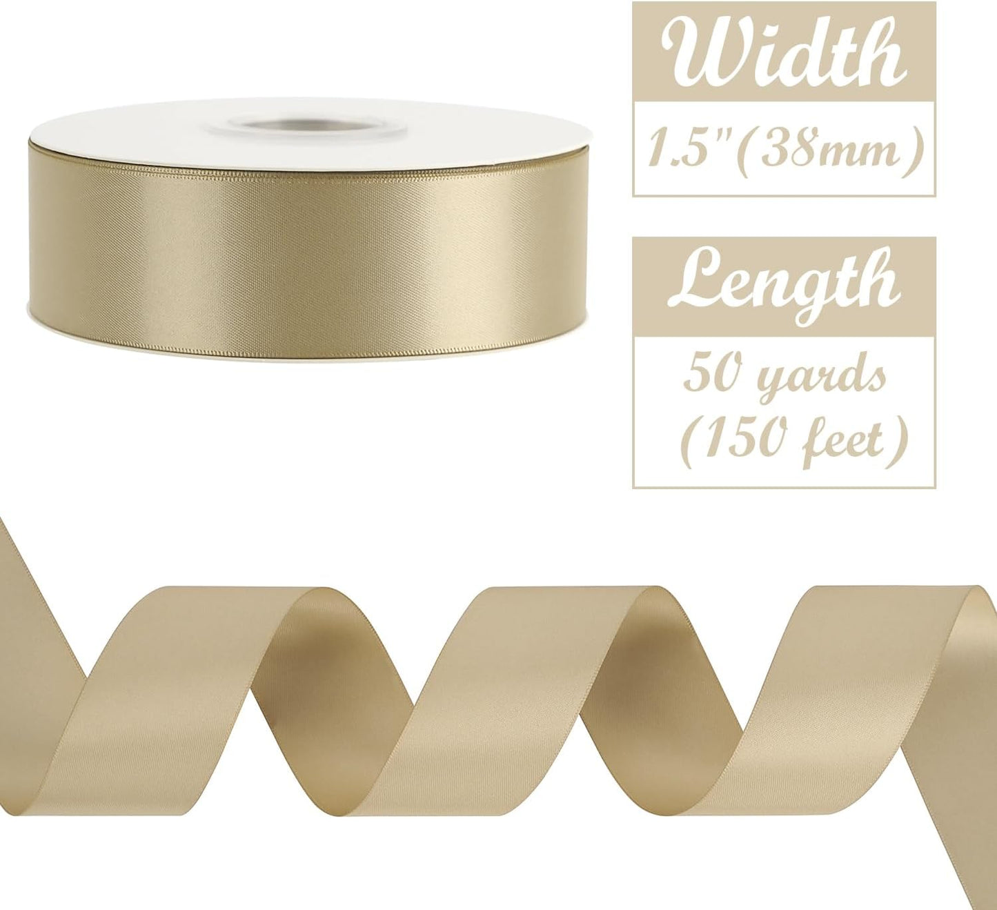 HUIHUANG Champagne Gold Satin Ribbon 1-1/2 inch x 50 Yards Champagne Double-Faced Satin Ribbon for Gift Wrapping, Bows, Flower Bouquet, Crafts, Bridal Shower Wedding Decor, Christmas Tree