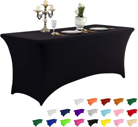 IVAPUPU 4FT Spring Table Cloth for Rectangular Fitted Events Stretch Black Table Covers Washable Cover Spandex Tablecloth Protector for Party, Wedding, Cocktail, Banquet, Festival
