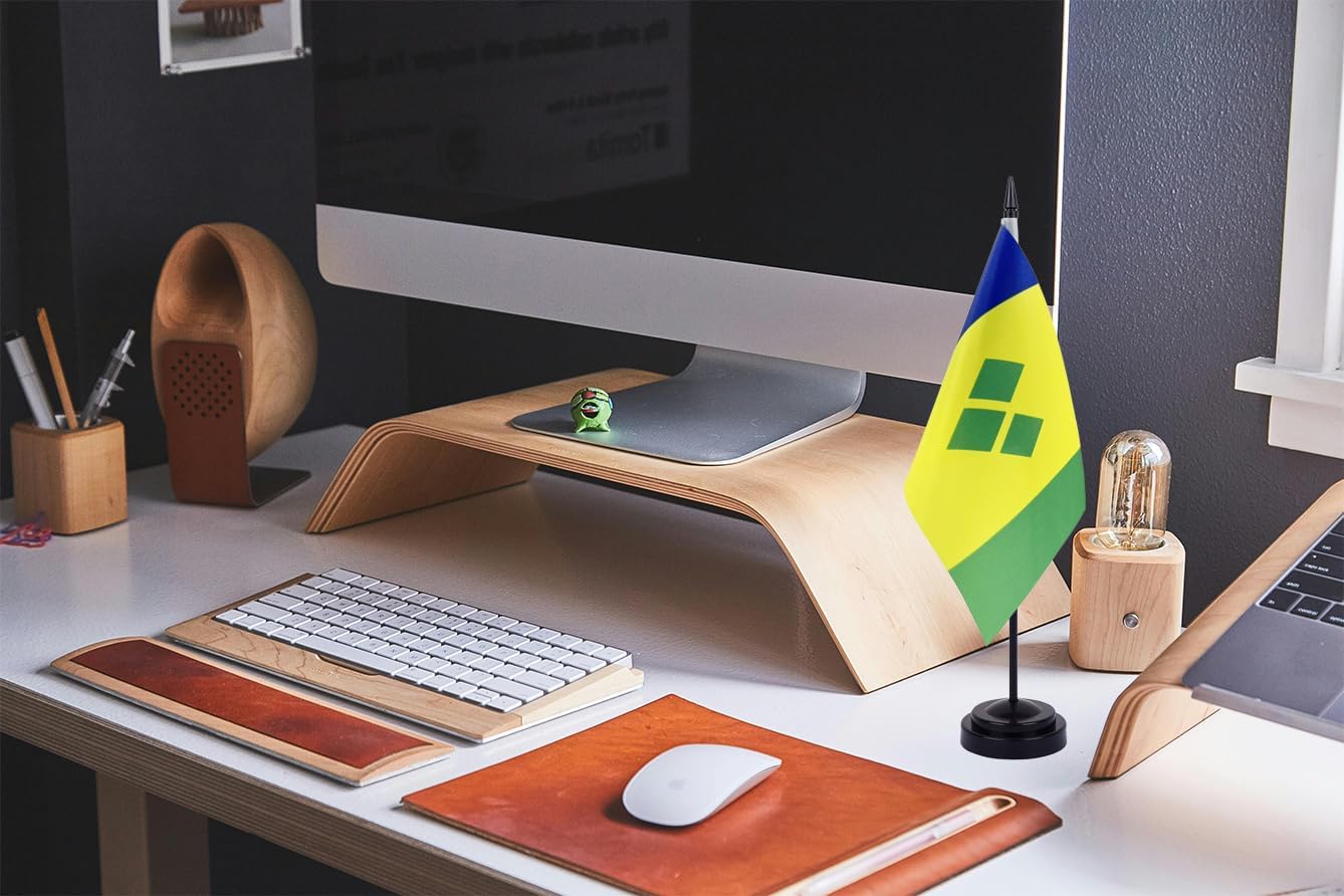 WXTWK 2 Pack Saint Vincent and the Grenadines Flag Saint Vincent and the Grenadines Deluxe Desk Flag Set - Mini Small Saint Vincent and the Grenadines Table Office Flags with Black 12" Solid Pole Stand Base Decorations