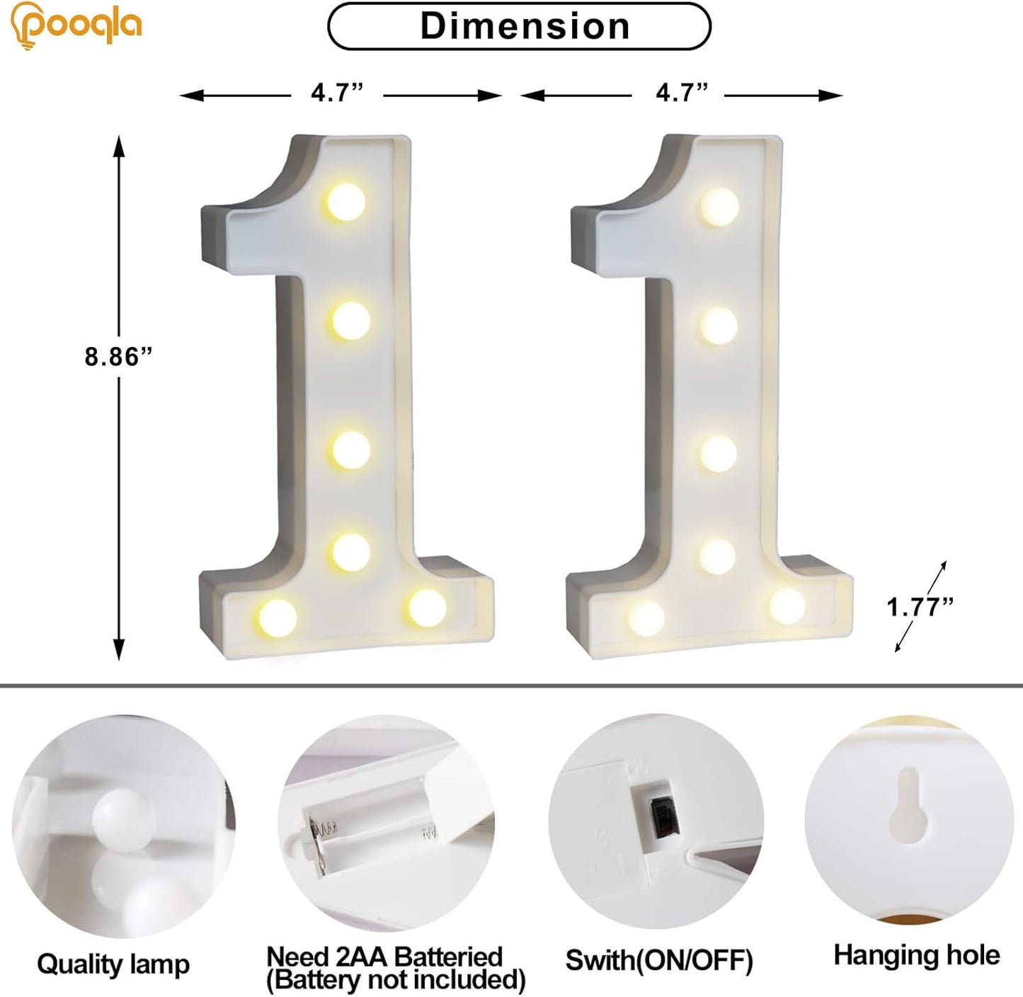 Pooqla Decorative LED Light Up Number Letters, White Plastic Marquee Number Lights Sign for Birthday Party Wedding Decor, Battery Operated (11)