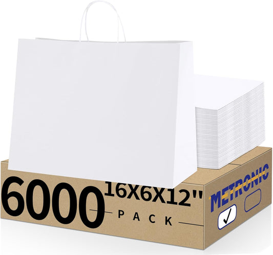 METRONIC Kraft Paper Gift Bags with Handles 16x6x12 Inch 6000 Pack | Christmas, Birthday Party Favors, Retail Shopping, Small Business Bulk | White Gift Wrap Bag