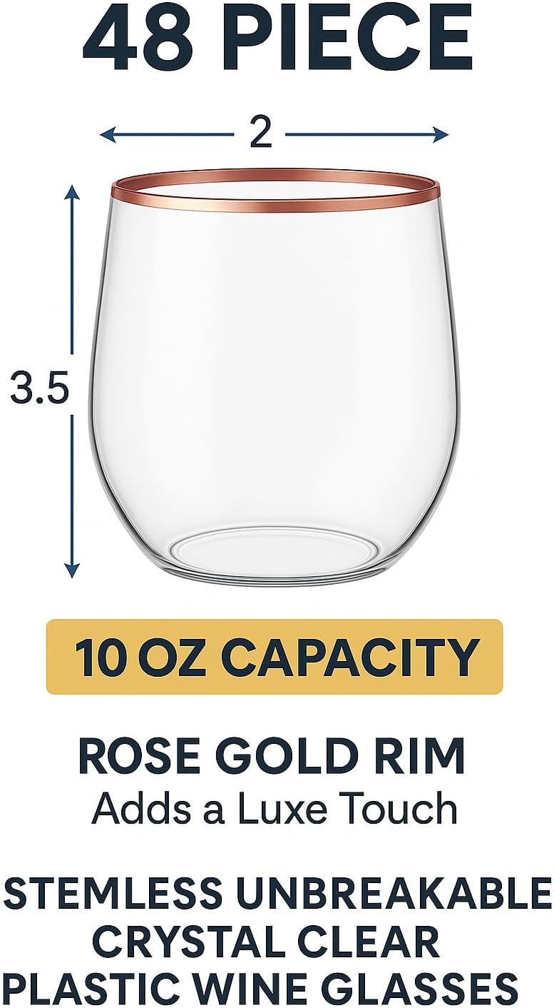 48 Pack 10 oz Small Plastic Stemless Wine Glasses with Rose Gold Rim – Disposable, Shatterproof, Crystal Clear Cups for Weddings, Parties, Events, and Toasts – Elegant & Reusable Drinkware