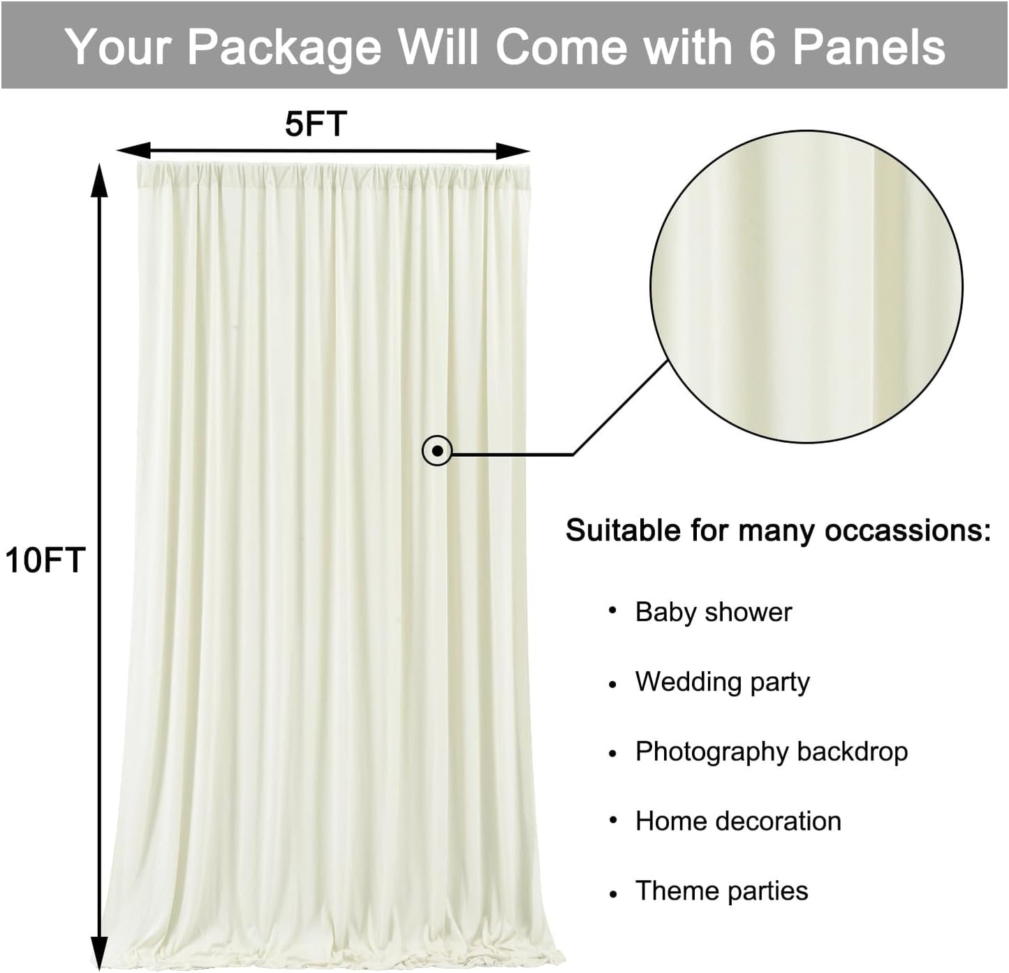 30 ft x 10 ft Wrinkle Free Ivory Backdrop Curtain for Wedding Parties, Polyester Ivory Photo Backdrop Drapes 6 Panels 5x10ft for Baby Shower Photoshoot Engagement Birthday Party Photography Background