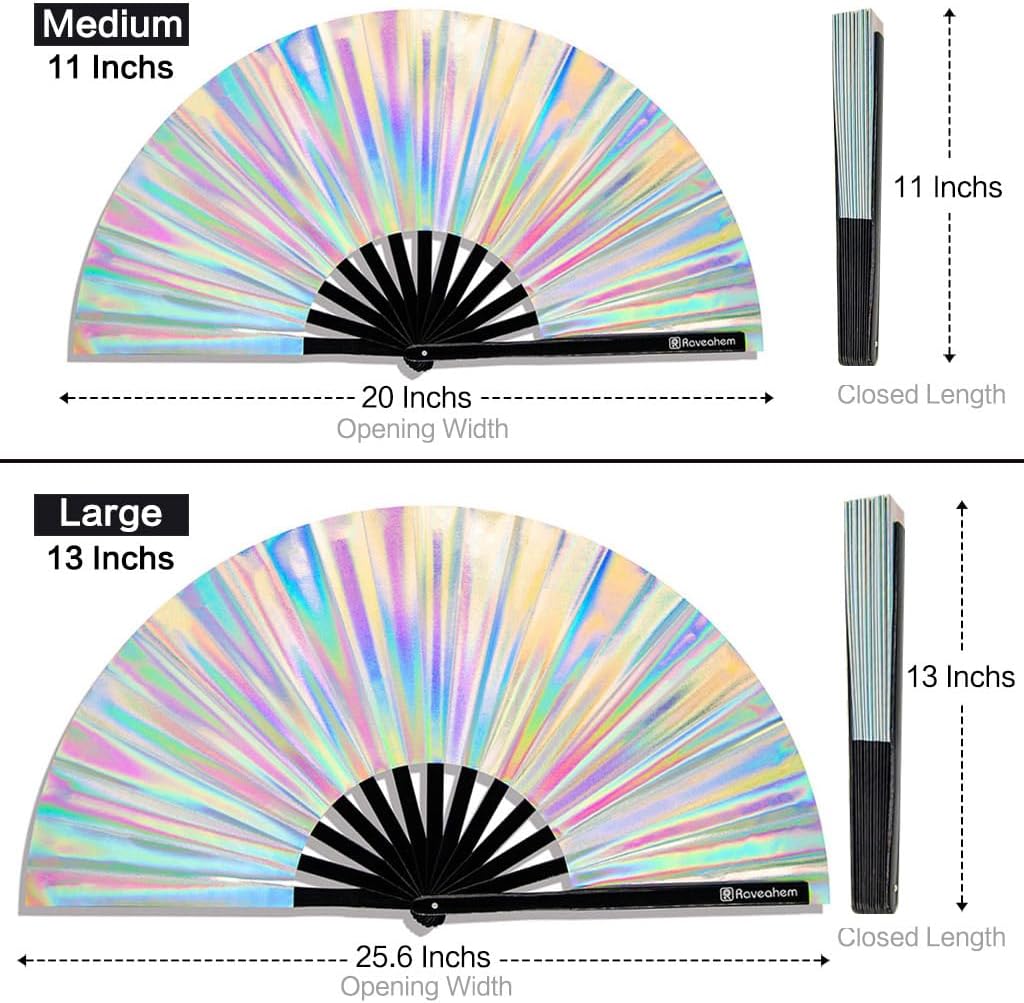 Large Rave Fan, Clack Folding Hand Fan with Premium Fabric, Thick Bamboo Frame for Men Women Gift for EDM, Festival, Club, Party, Dance, Decoration (Holographic Silver, 11")