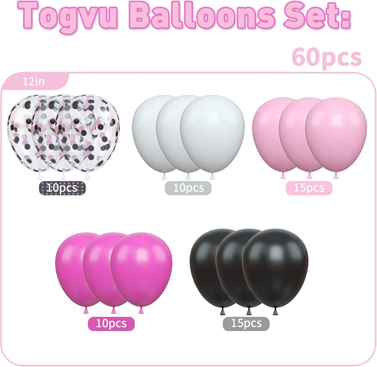 Balloons Black and Pink, Pack of 60 Hot Pink Black White Latex Balloon and Confetti Balloons, Rose Red Pink Party Balloons Decoration for Girls Mouse Theme Birthday Party Baby Shower Bridal Shower