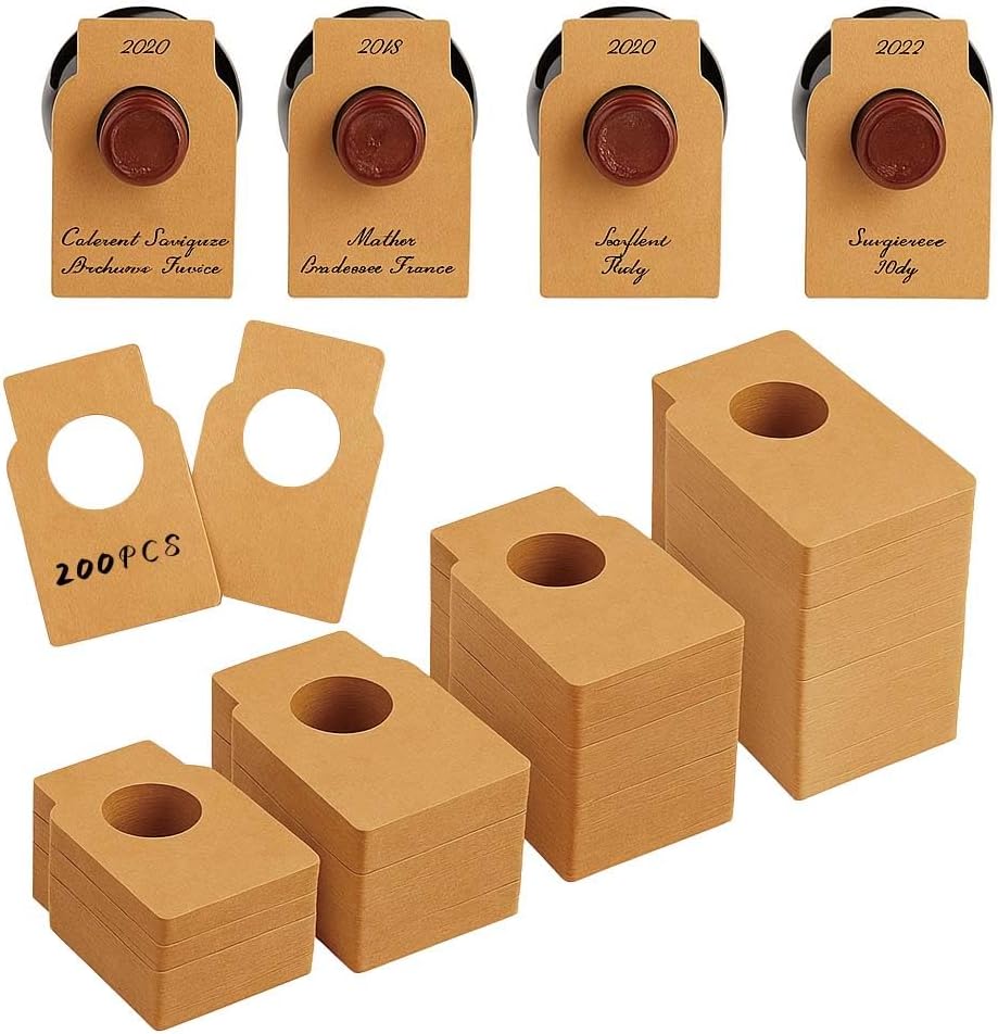 200 PCS Wine Bottle Tags –Paper Hanging Cellar Labels for Bottle Neck, Double-Sided Writable Gift Tags for Wine Racks, Champagne & Homebrew Organization (Kraft)