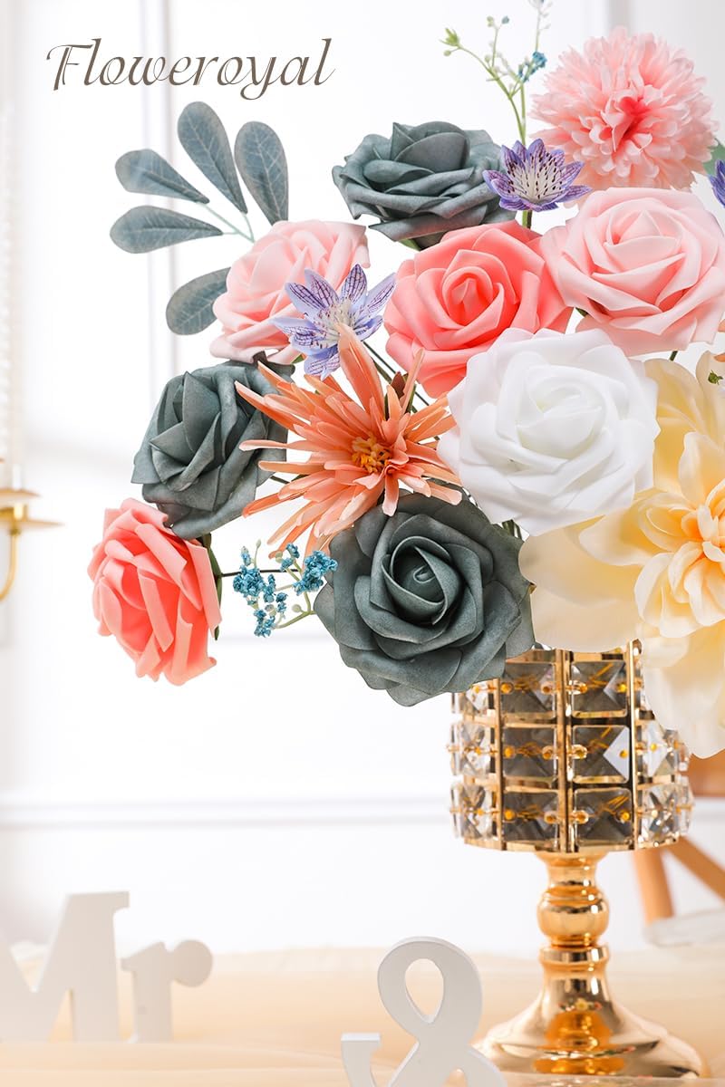 Floweroyal Artificial Flowers Combo Blue Flowers Mix Silk Flowers Dahlia Roses with Stems for DIY Wedding Bridal Bouquets, Baby Shower, Floral Arrangement, Table Centerpieces, Home Decorations.