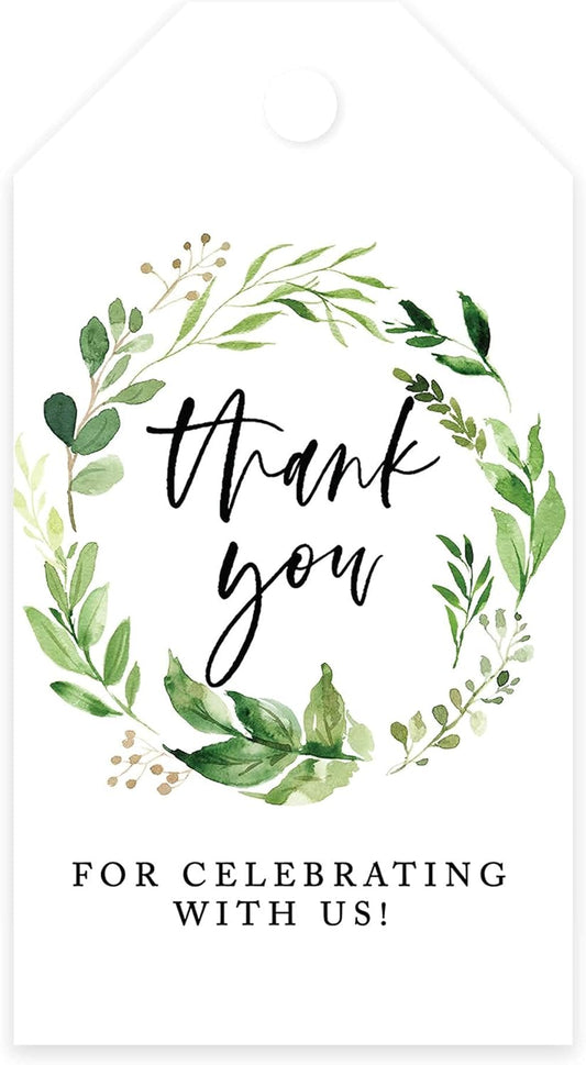 Andaz Press 100-Pack Thank You for Celebrating with Us Favor Tags Greenery Wreath Cardstock Gift Tags with Bakers Twine for Wedding Baby Shower Bridal Shower Birthday Party Favors 2 x 3.75-Inches