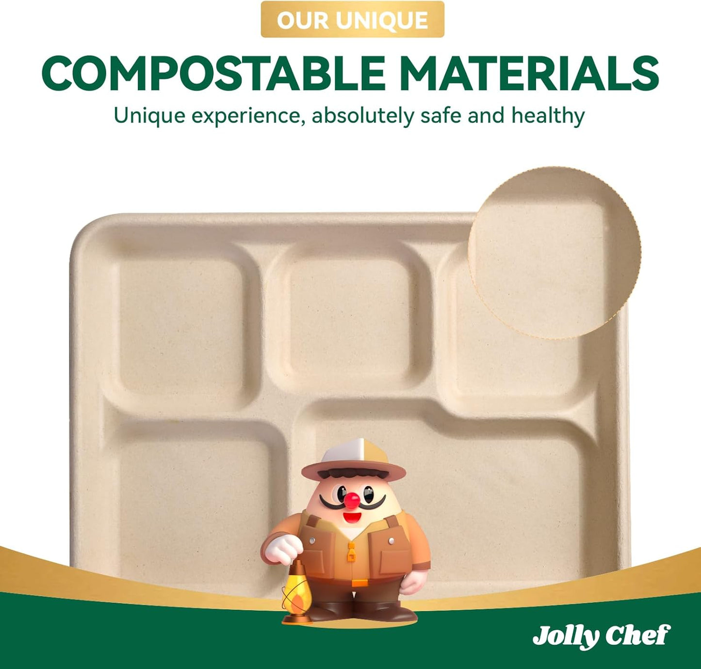 JOLLY CHEF Compostable 𝟱 Compartment 𝟭𝟭 * 𝟴 𝗶𝗻𝗰𝗵 Paper Plates [𝟭𝟬𝟬 𝗣𝗮𝗰𝗸] Heavy Duty Small Natural Divided Eco-Friendly Biodegradable Containers Food Trays for Dinner Lunch Buffet