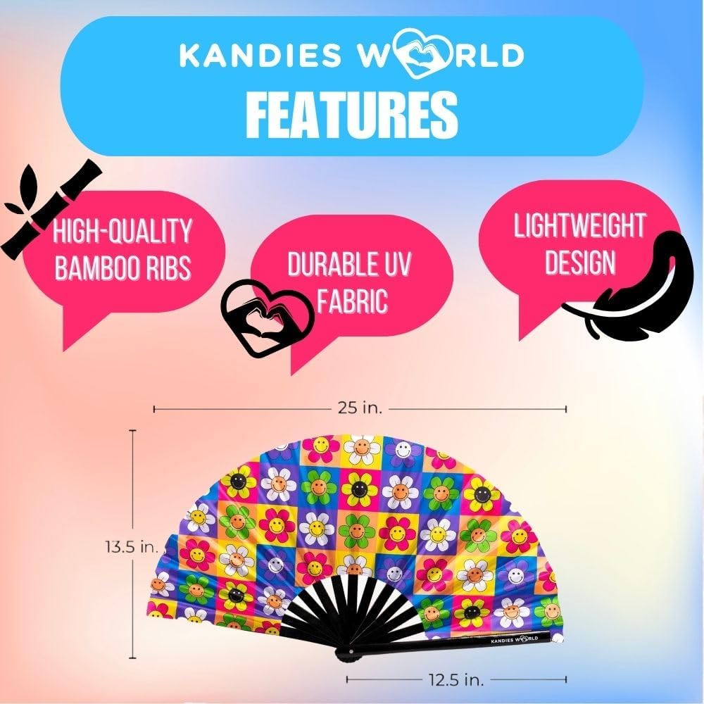 Kandies World Custom Festival Folding Hand Fan - Unique Designs, Made of Bamboo, Clacking Sound, Lightweight - Perfect Rave and Festival Accessory!