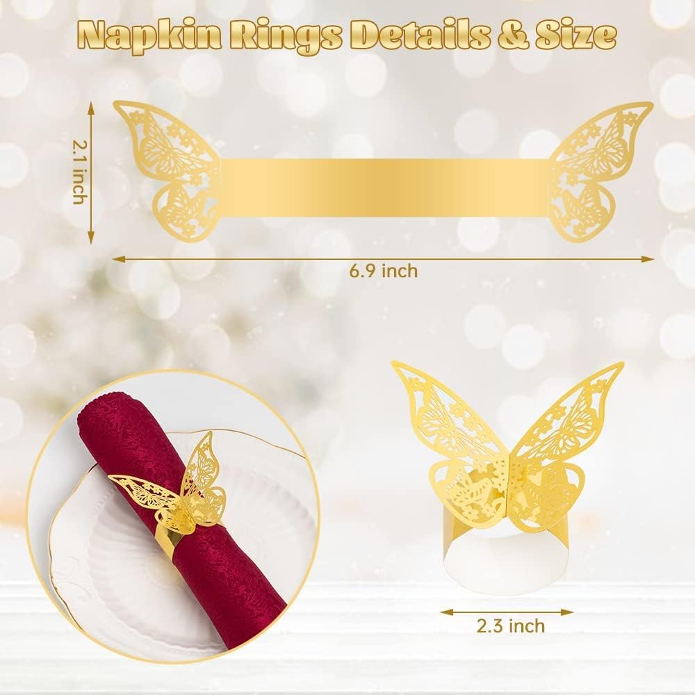 150 Pcs Napkin Rings Laser Cut Butterfly Shape Foil Paper Napkin Holder for Weddings Party Serviette Table Decoration Restaurant (Gold)