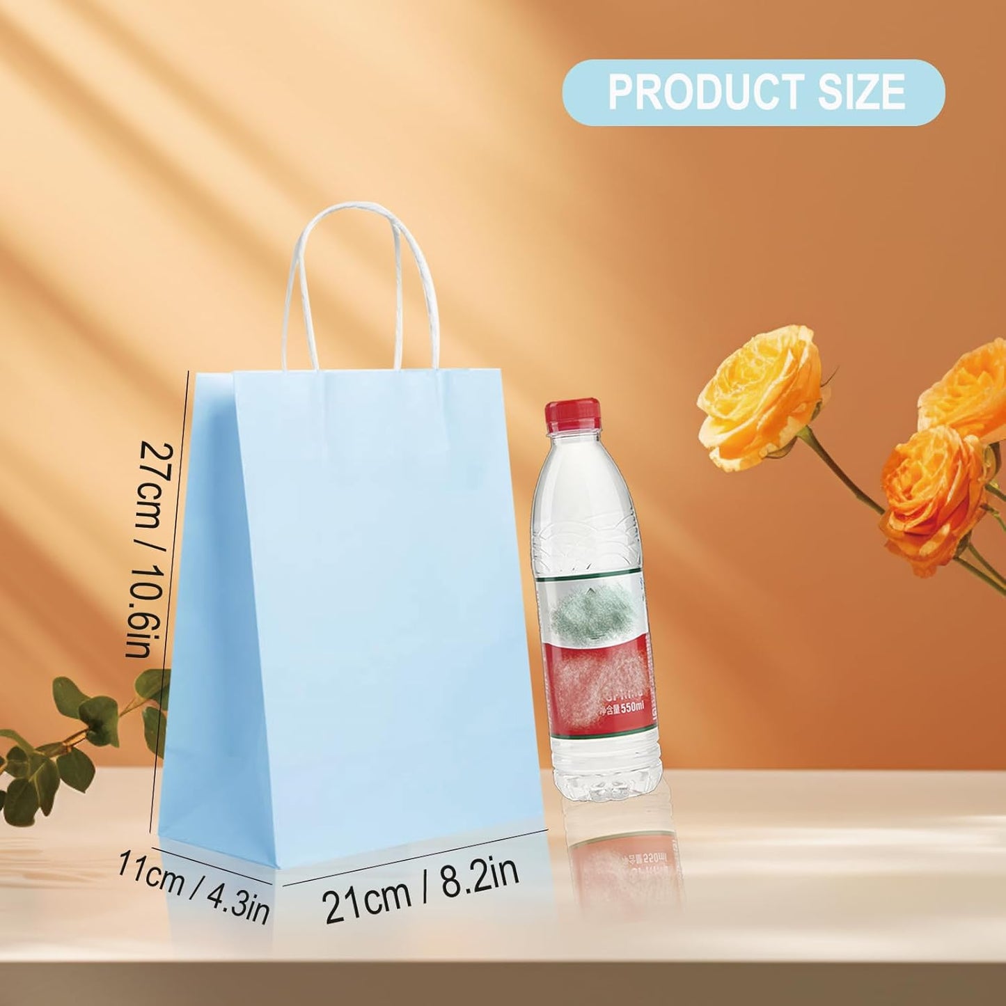 BAG BOX 100 Pack Medium 8.25x4.3x10.6 Inch Blue Kraft Paper Gift Bags with Handles for Bulk Shopping, Retail, Craft, Party Favors, Wedding, Grocery & Sacks