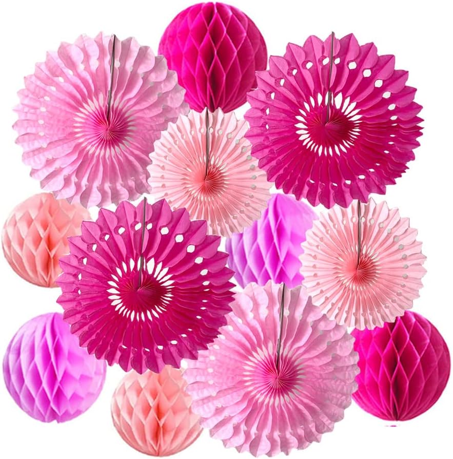 12pcs 6'' 8'' Honeycomb Balls Tissue Paper Fans Party Honeycomb Ball Fans Wall Decorations Tissue Pom Poms Flower Balls Hanging Paper Fans for Party Baby Shower Birthday Wedding Nursery (Pink kit)