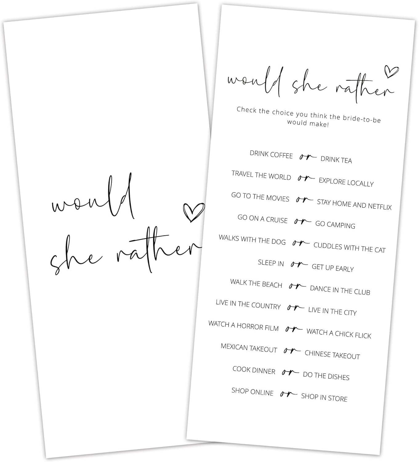 Bridal Shower Games, Would She Rather, 25Pcs 4x9inch Minimalist White Double-Sided Bridal Game Cards, Wedding Shower Games for Guests, Engagement Bachelorette Party Supplies - A15