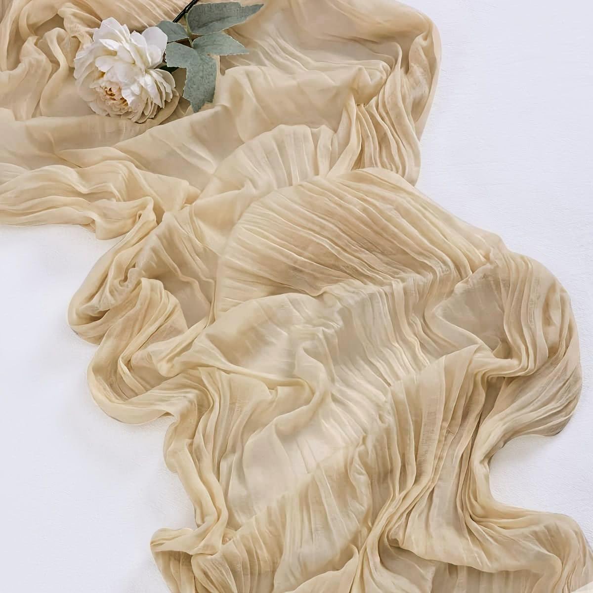 8 Pack 10Ft Beige Boho Gauze Cheesecloth Table Runner Long Wrinkled Sheer Romantic Table Cloths for Wedding Bridal Shower Birthday Party Table Decor