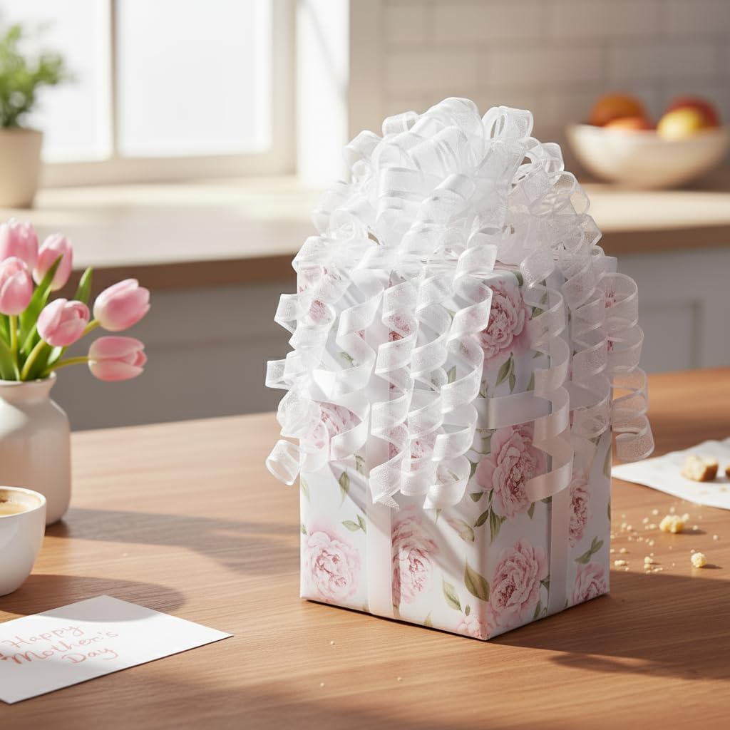 CT CRAFT LLC White Satin and Sheer Curly Ribbon Bow 6" Long x 6 Counts Gift Wrapping Pre-Tied Self-Adhesive Tab for Birthday Present Box Wine Bottle Baby Shower Party Christmas Hanukah