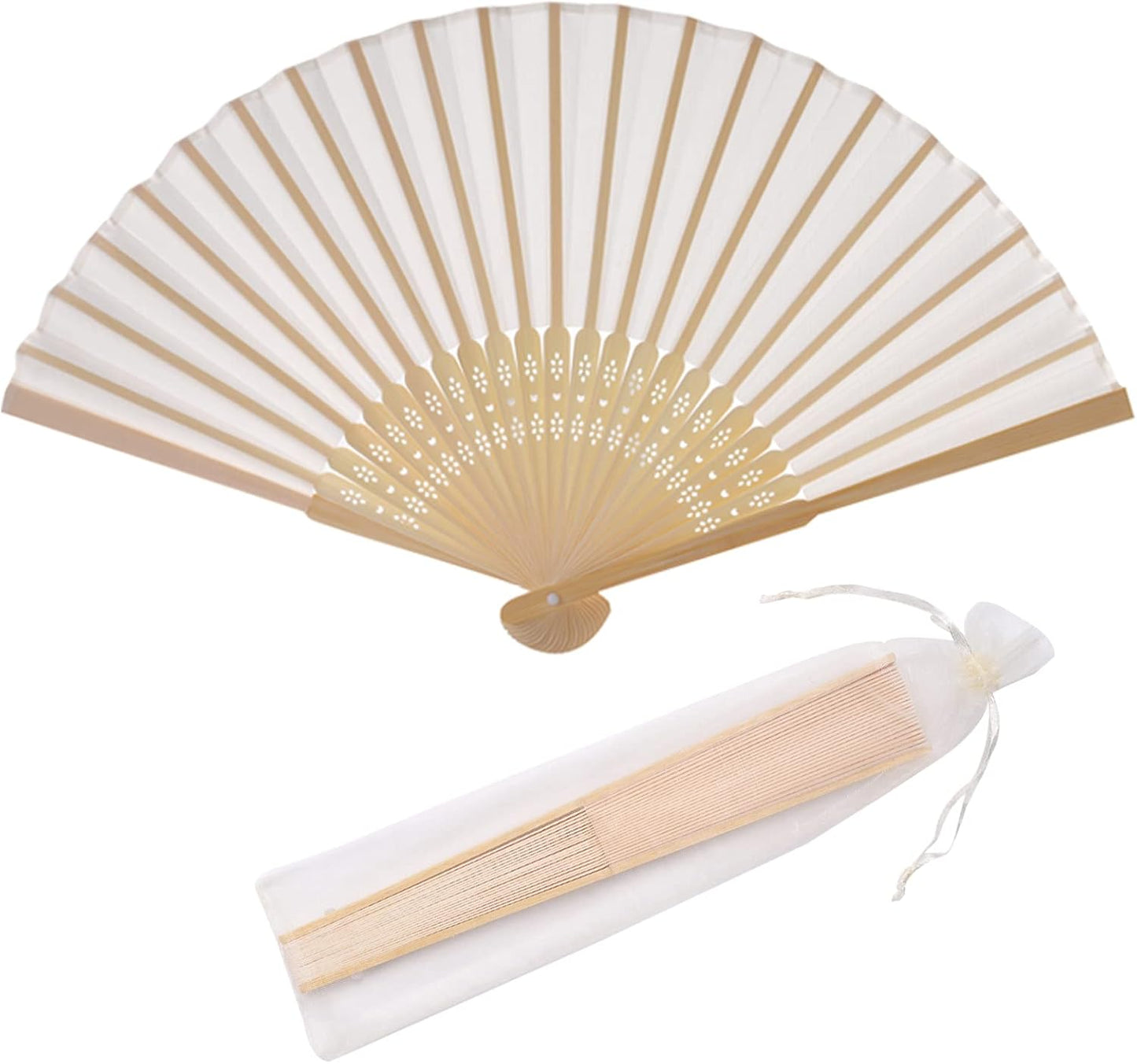 24pcs Imitated Silk Hand Fan Imitated Silk Fabric Bamboo Handheld Folded Fan Bridal Dancing Props Church Wedding Party Favors with Organza Bags (Cream)