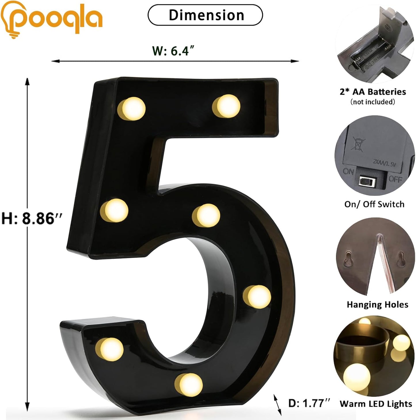 Pooqla Decorative Led Light Up Number Letters, Black Plastic Marquee Number Lights Sign for 5th 15th 50th Birthday Party Wedding Decor Battery Operated Black Number 5