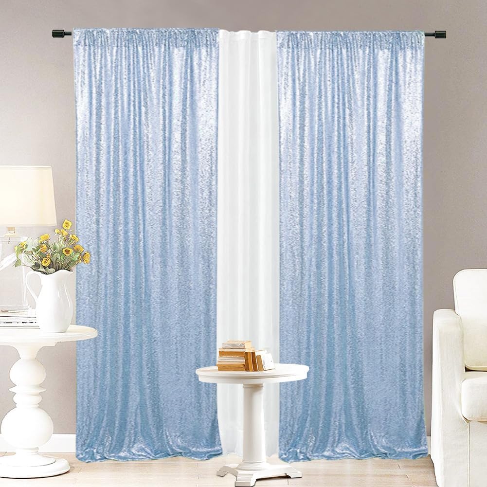 Eternal Beauty Baby Blue Sequin Backdrop Curtains, Shimmer Back Drop 2Panels-2FTx8FT for Christmas, Party, Birthday, Photography, Wedding, Baby Shower Event Decoration