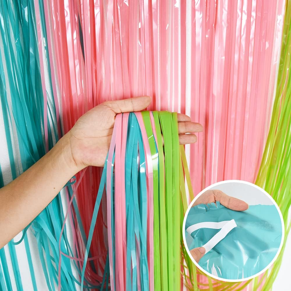 BEISHIDA 2Pcs Blue Pink Green Door Streamers Pastel Colors Foil Fringe Curtains Photo Backdrop for Wedding Party Birthday Stage Bridal Shower Decor(3.28 ft x 6.56 ft)