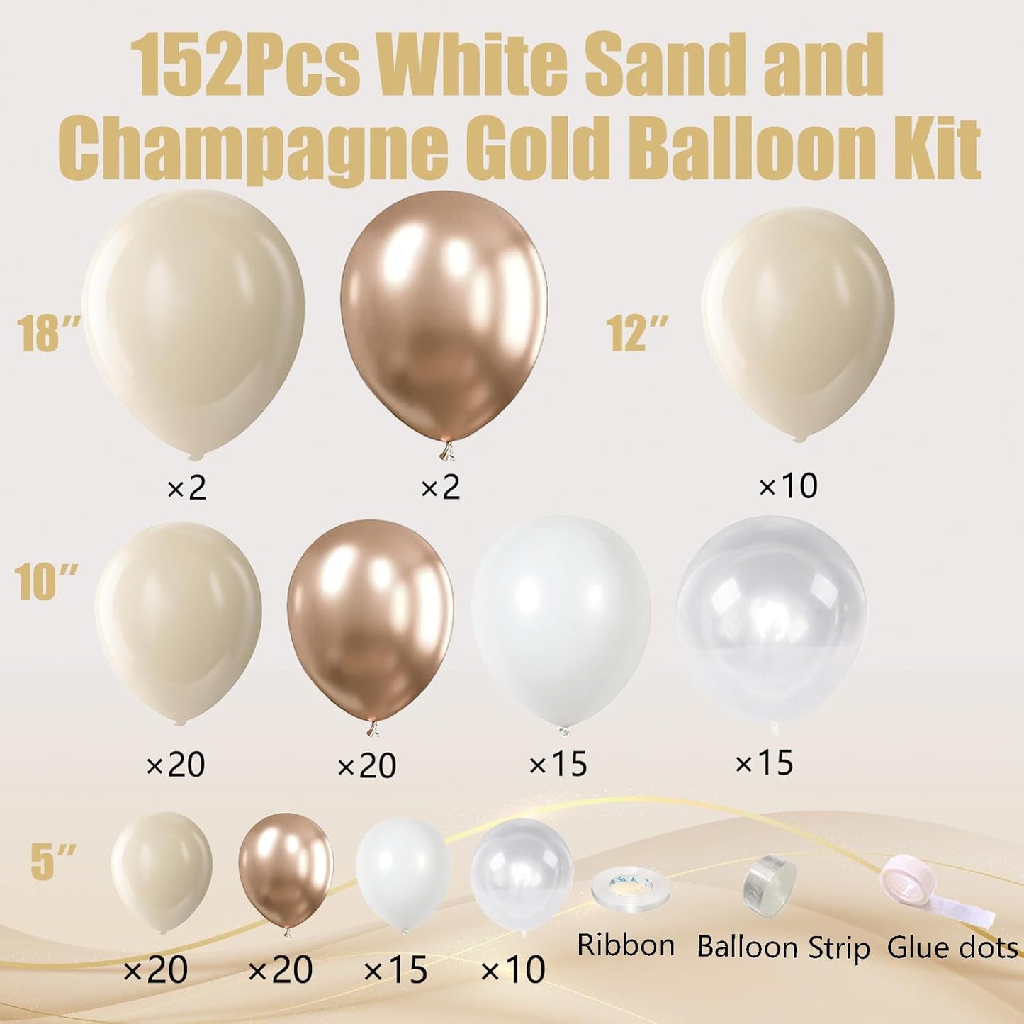 White Sand Metallic Champagne Gold Balloons Garland Arch Kit,152PCS White Nude Balloons with Clear Balloons for Birthday Boho Wedding Baby Shower Bridal Shower Engagement Anniversary Decorations