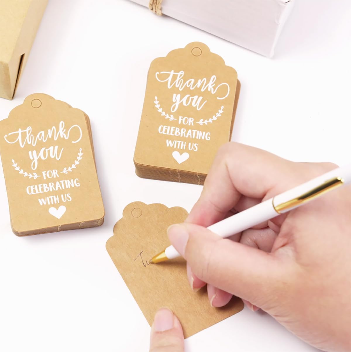 100 Pcs Kraft Paper Tags, Thank You for Celebrating with Us Tags with 20 Meters Jute Twine for Wedding Thanksgaving Christmas Party Arts and Crafts DIY Favor