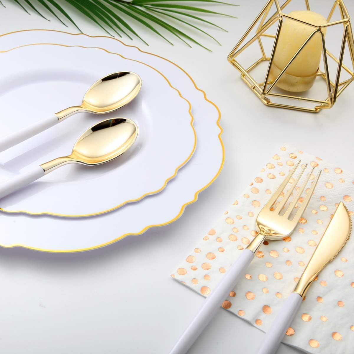 I00000 144Pcs Gold Plastic Silverware, Gold Plastic Utensils Set,Disposable Utensils Heavy Duty,Disposable Silverware Set Includes 48 Forks,48 Knives,48 Spoons for Party & Wedding