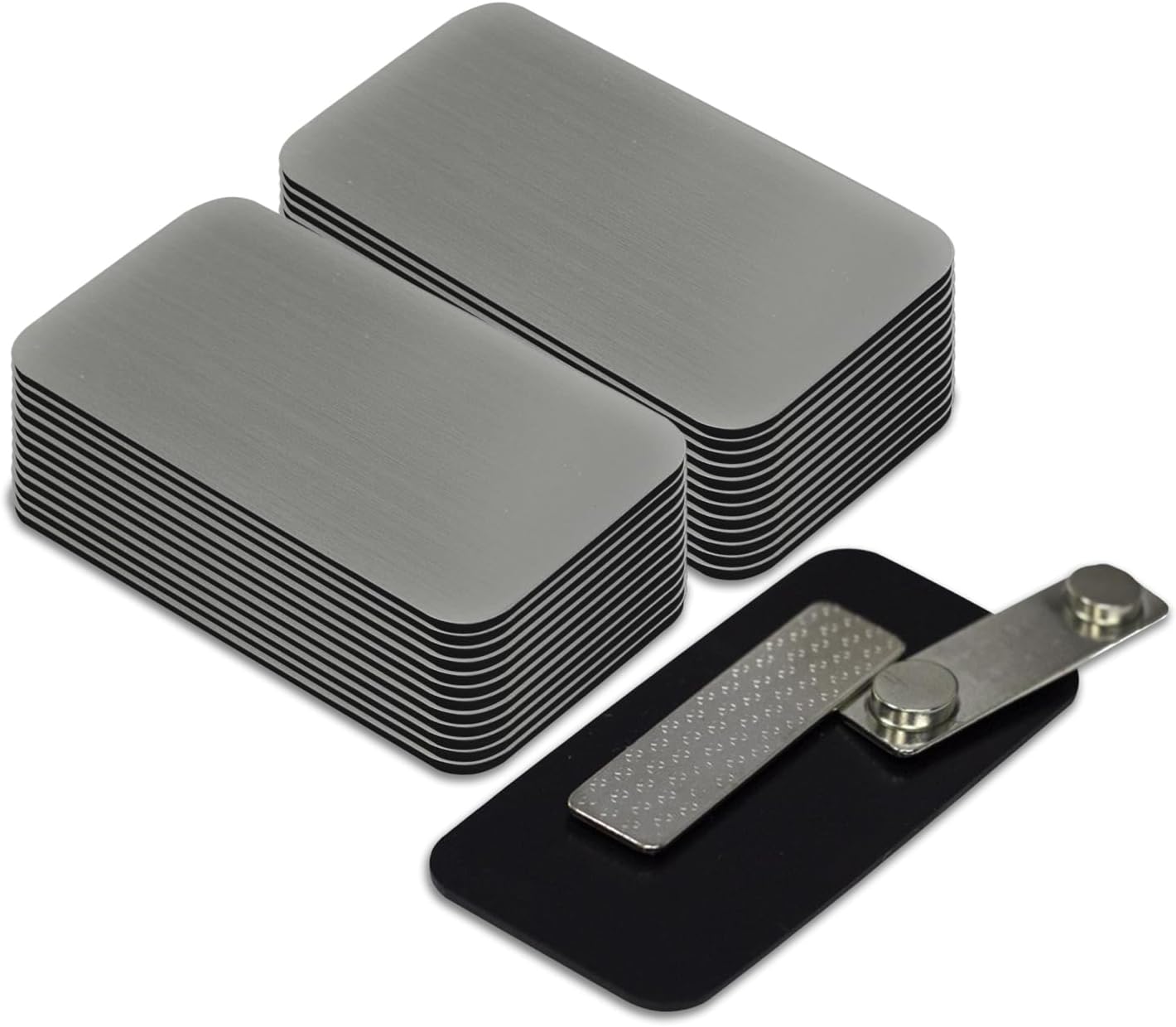 Brushed Silver Name Tag Blanks – 25 Pack, 1.5" x 3", Round Corners, Engravable Plastic Badges with Magnetic Backing – All Quality Badges