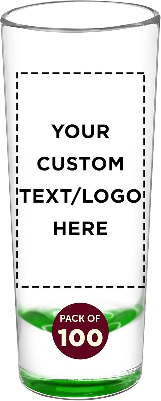 Custom Cordial Shooter Shot Glasses 2 oz. Set of 100, Personalized Bulk Pack - Great for Birthdays, Parties, Indoor & Outdoor Events - Green