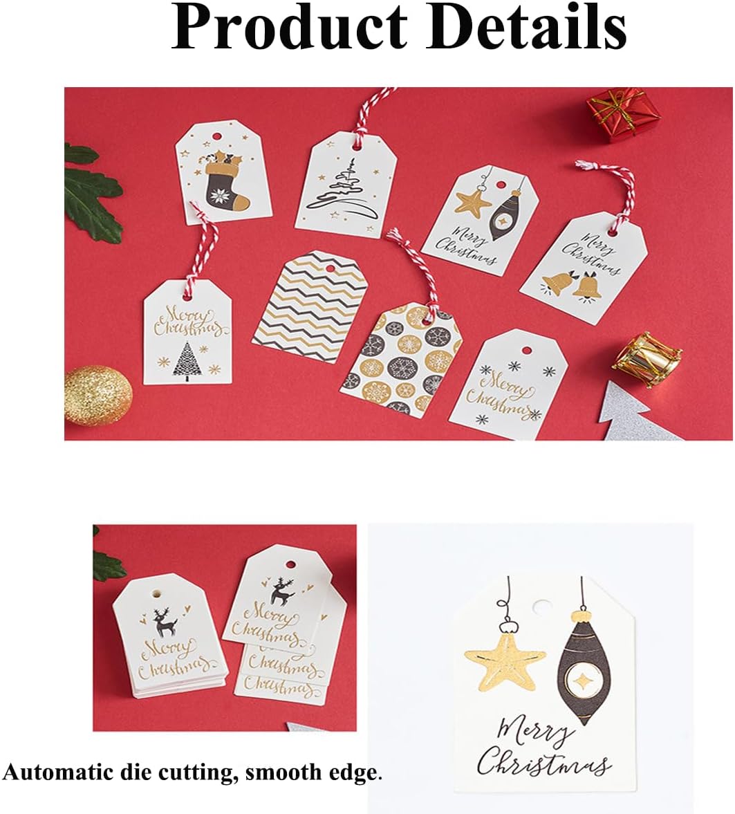 100 Pack Fashion Christmas Gift Tags， Xmas Fashion Gift Tags with Jute Twine Baker Twine for DIY Xmas Holiday Present Wrap Stamp and Label Package Name Card