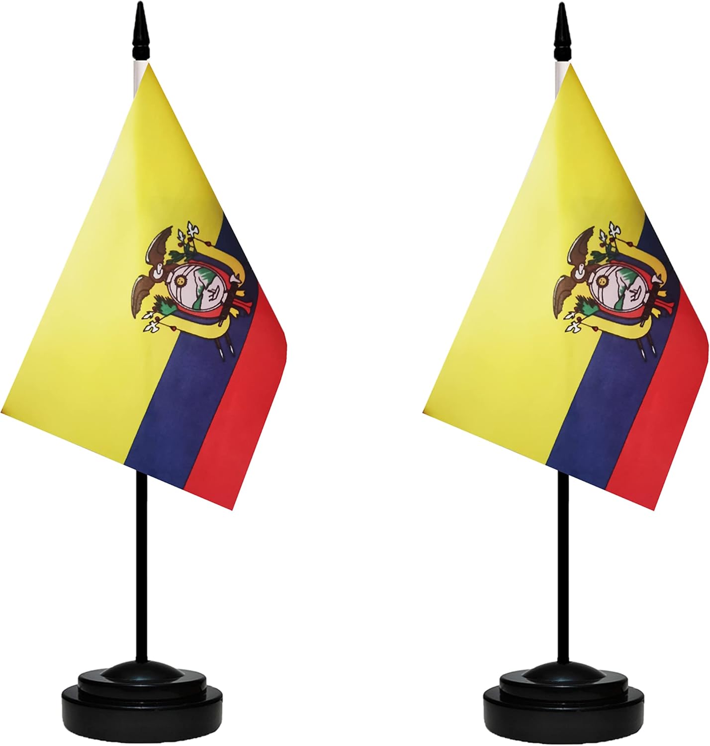 Ecuador Ecuadorian Deluxe Desk Flag Set Small Mini Miniature Ecuador Ecuadorian Table Desktop Flags With Solid Pole, Black Base and Spear Top(2 Pack)