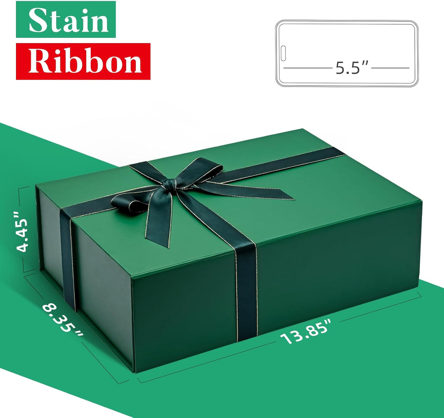 LIFELUM 5 Pack Christmas Gift Boxes Large Green Boxes of Gifts 13.85 x 8.35 x 4.45 inch Gift Boxes Storage Gift Boxes with Strong Magnetic Lid for Presents Contains Card, Ribbon, Filler,Sticker