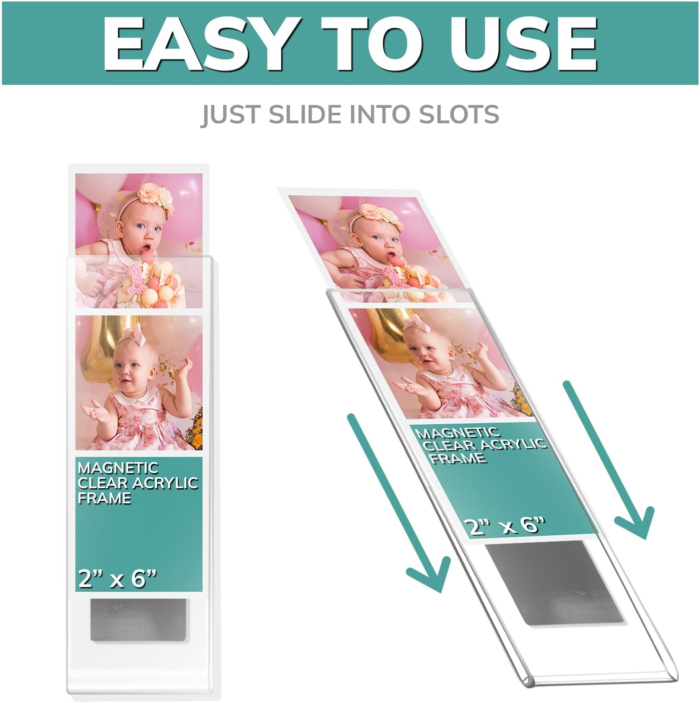 pbf PHOTO BOOTH FRAMES 2x6 Magnetic Picture Frames for Refrigerator | 2 x 6 Clear Magnetic Acrylic Frames for Photo Strips | Magnetic Photo Holders for Fridge, Locker, Sign Holder (50-Pack)