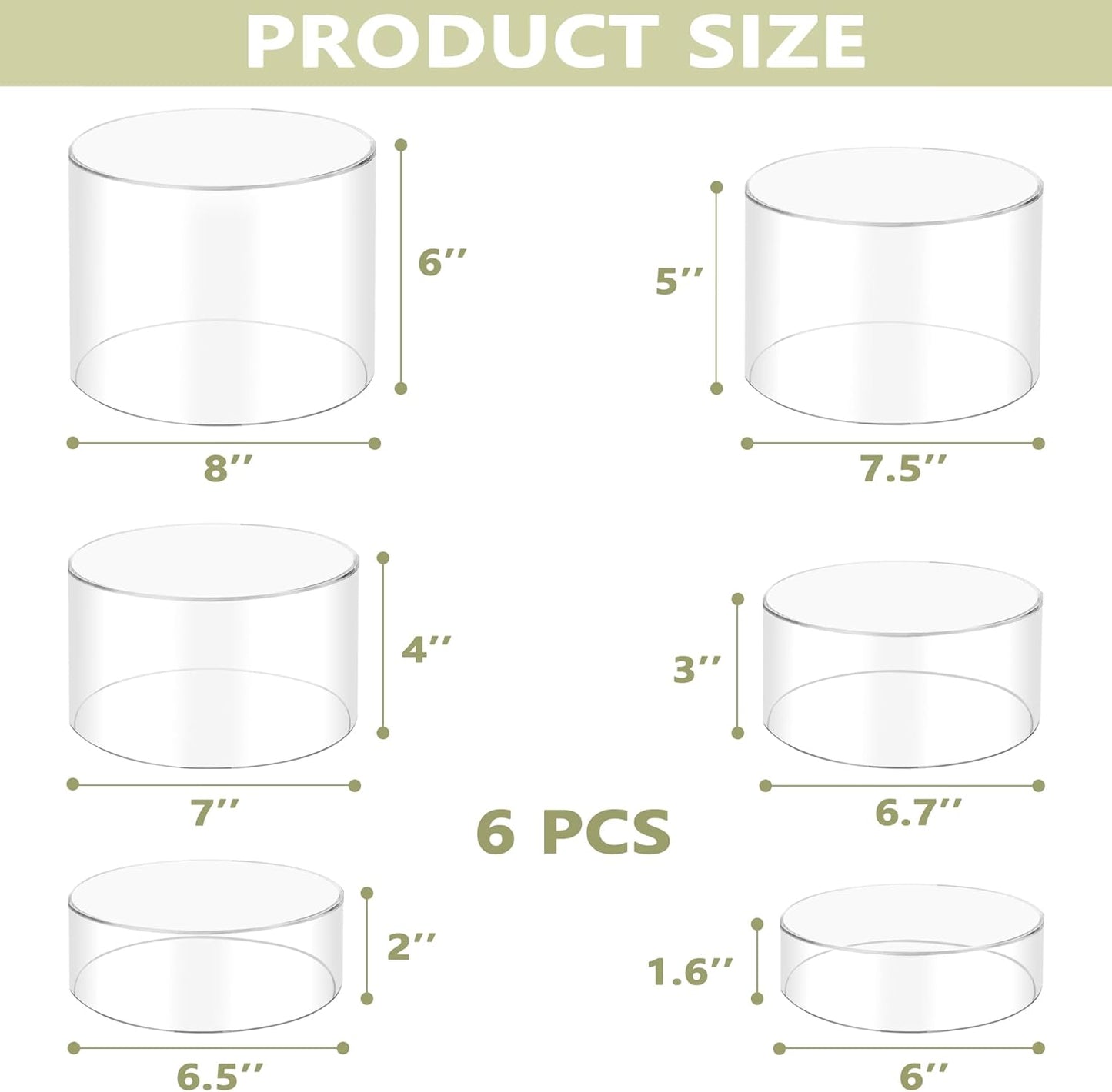 6Pcs Buffet Risers, Food Risers for Buffet, Acrylic Boxes for Display Round Riser Display Cases Acrylic Round Display Base, Clear(Size 6",6.5",6.7",7",7.5",8")