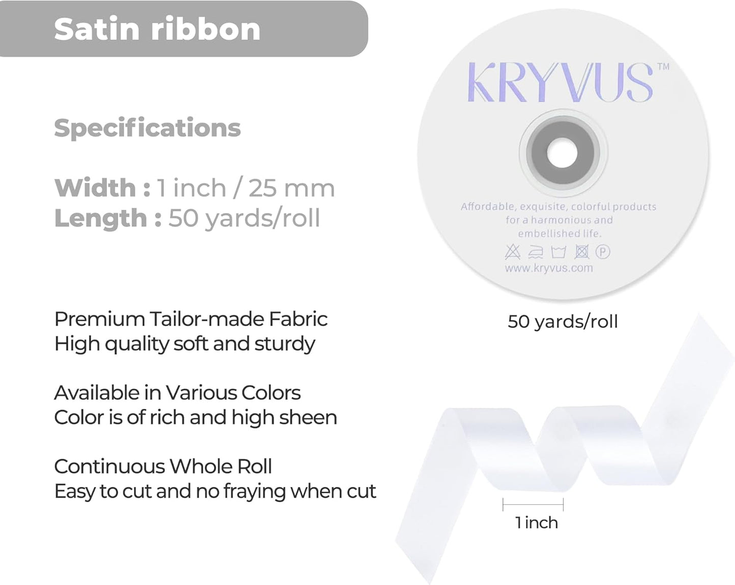 White Satin Ribbon 1 inch X Continuous 50 Yards, Single Face Polyester Ribbon Perfect for Gift Wrapping, Flower Bouquet, Wedding Decor, Crafts, Bow Making, Sewing and More