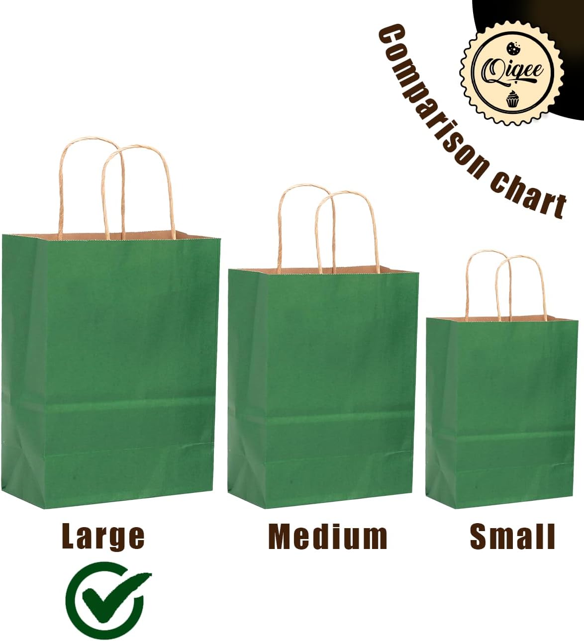 qiqee 50-Packs Kraft Deep Green Paper Gift Bags with Handles Bulk 13"x10.3"x4.6" Large Size Party Favor Bags Multiple Uses