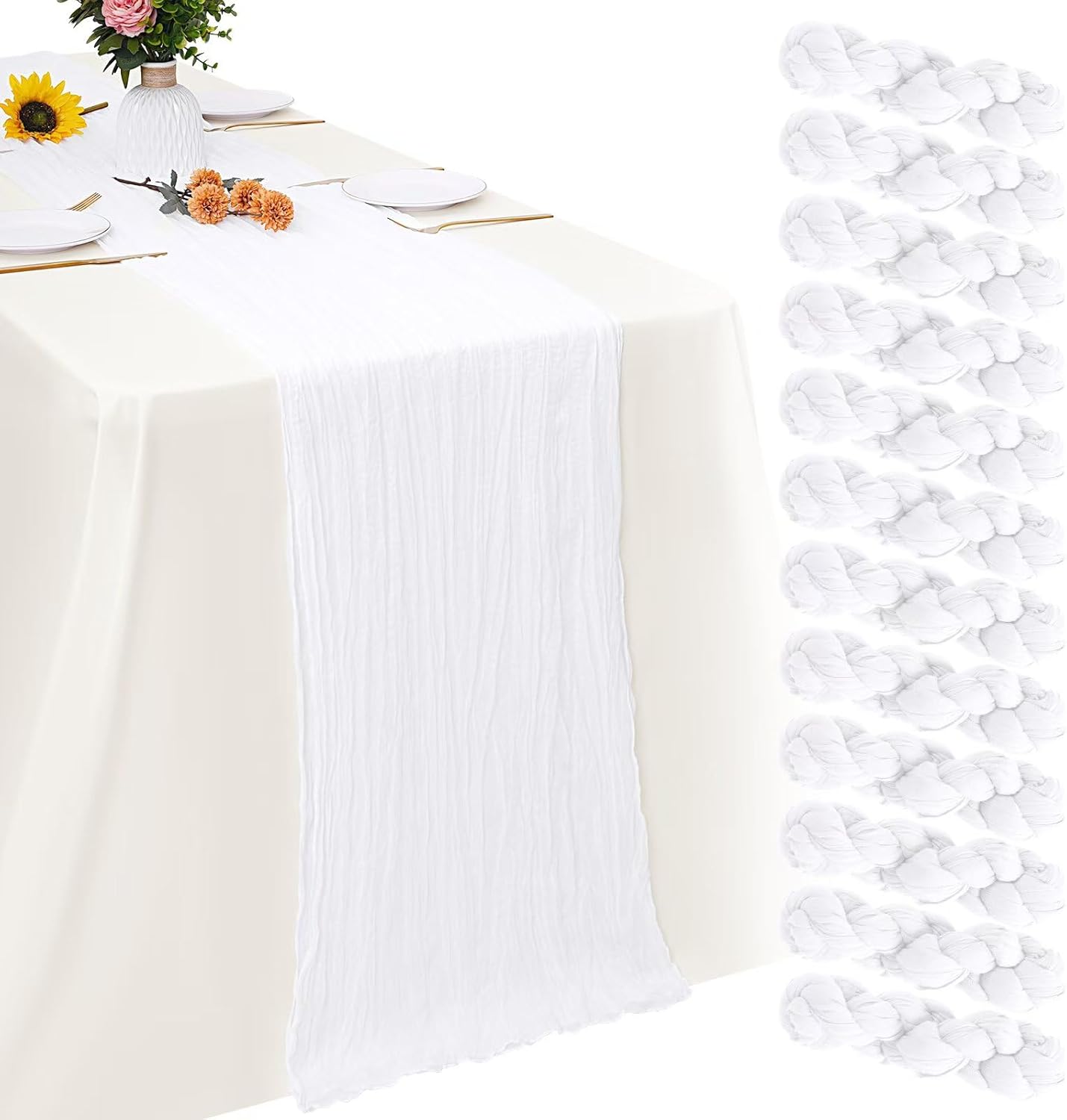 Aktor 12 Pack White Table Runner Boho Cheesecloth Table Runner Semi Sheer Gauze Fabric Runners for Wedding Birthday Baby Shower Party Boho Table Decoration（White）