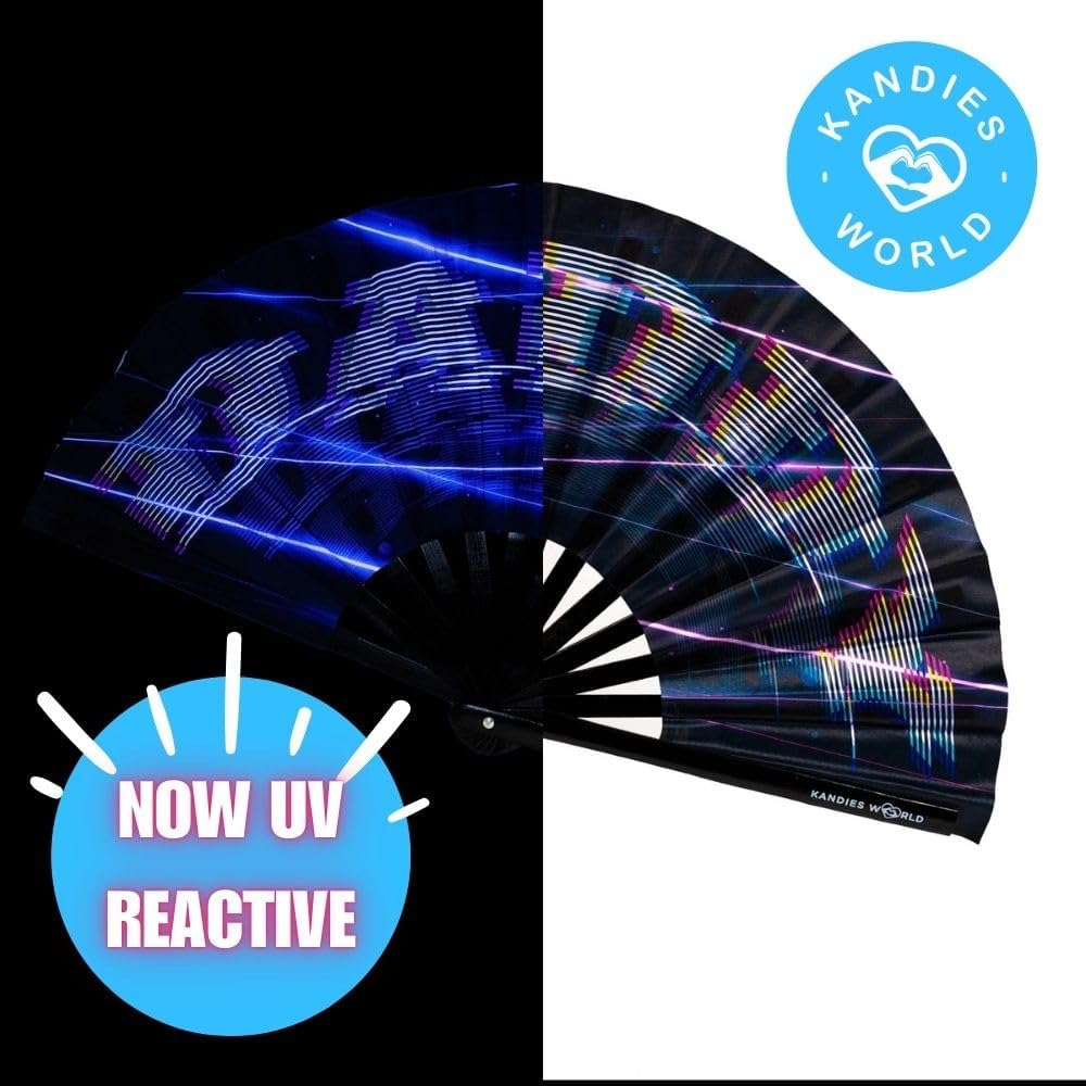 Kandies World Custom Festival Folding Hand Fan - Unique Designs, Made of Bamboo, Clacking Sound, Lightweight - Perfect Rave and Festival Accessory!