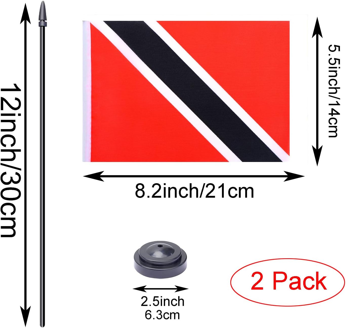 WXTWK 2 Pack Trinidad Flag Trinidad Deluxe Desk Flag Set - Mini Small Trinidad and Tobago Table Office Flags with Black 12" Solid Pole Stand Base Classroom Meeting Desktop Decorations
