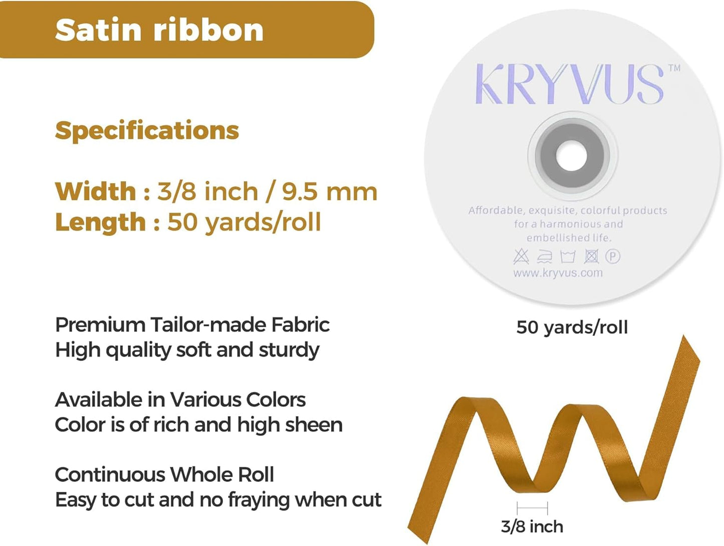 Gold Satin Ribbon 3/8 inch X Continuous 50 Yards, Single Face Polyester Ribbon Perfect for Gift Wrapping, Flower Bouquet, Wedding Decor, Crafts, Bow Making, Sewing and More