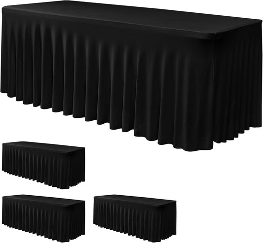 Nasitos Black Table Skirt for 8 Foot Rectangle Tables, 4 Pack - 96 x 30 Inch - Stretch Spandex Fitted Table Clothes, Fabric Table Covers Cocktail Tablecloths for Party, Banquet, Birthday